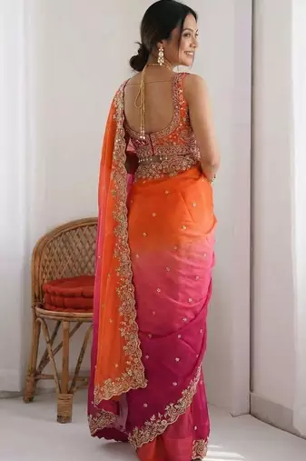 Pink embroidered sarees with unstitched blouse piece
