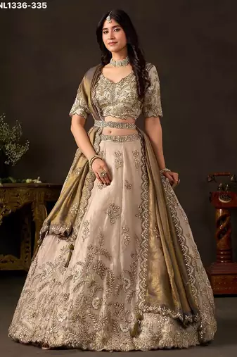 Champagne Zari Embroidered Silk Blend Wedding Lehenga Choli