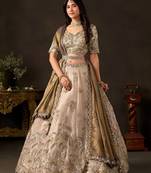 Champagne Zari Embroidered Silk Blend Wedding Lehenga Choli