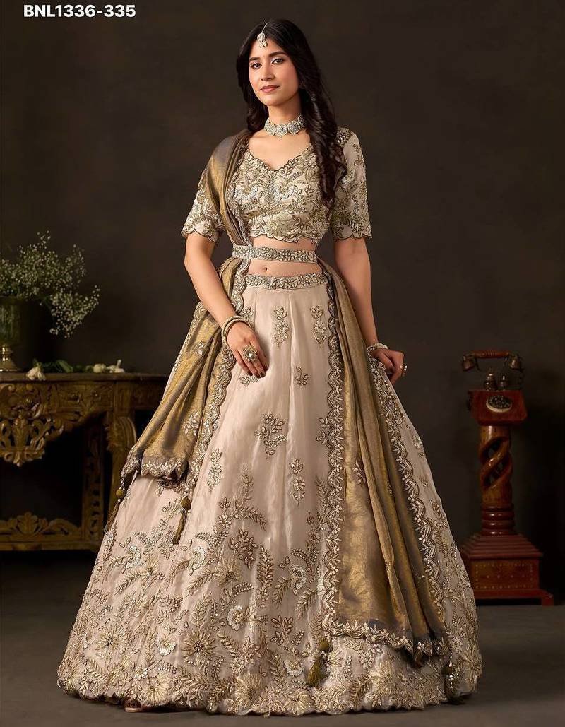 Champagne Zari Embroidered Silk Blend Wedding Lehenga Choli