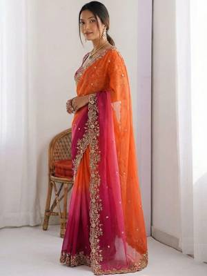 Pink embroidered sarees with unstitched blouse piece 4