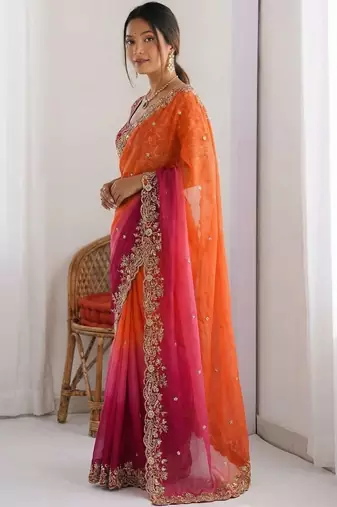 Pink embroidered sarees with unstitched blouse piece