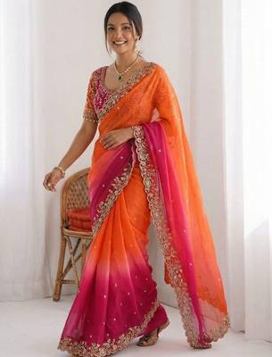 Pink embroidered sarees with unstitched blouse piece 5