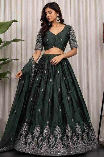 Green Zari Embroidered Silk Blend Festive Lehenga Choli Set