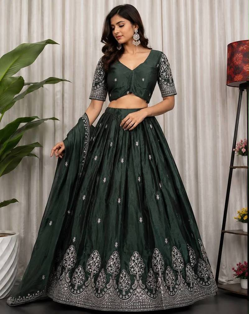 Green Zari Embroidered Silk Blend Festive Lehenga Choli Set
