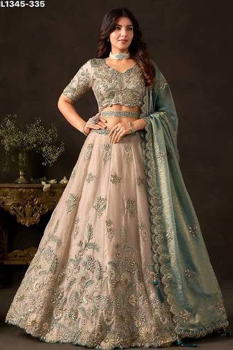 Champagne Teal Zari Embroidered Silk Blend Wedding Lehenga Choli