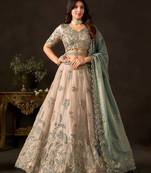 Champagne Teal Zari Embroidered Silk Blend Wedding Lehenga Choli