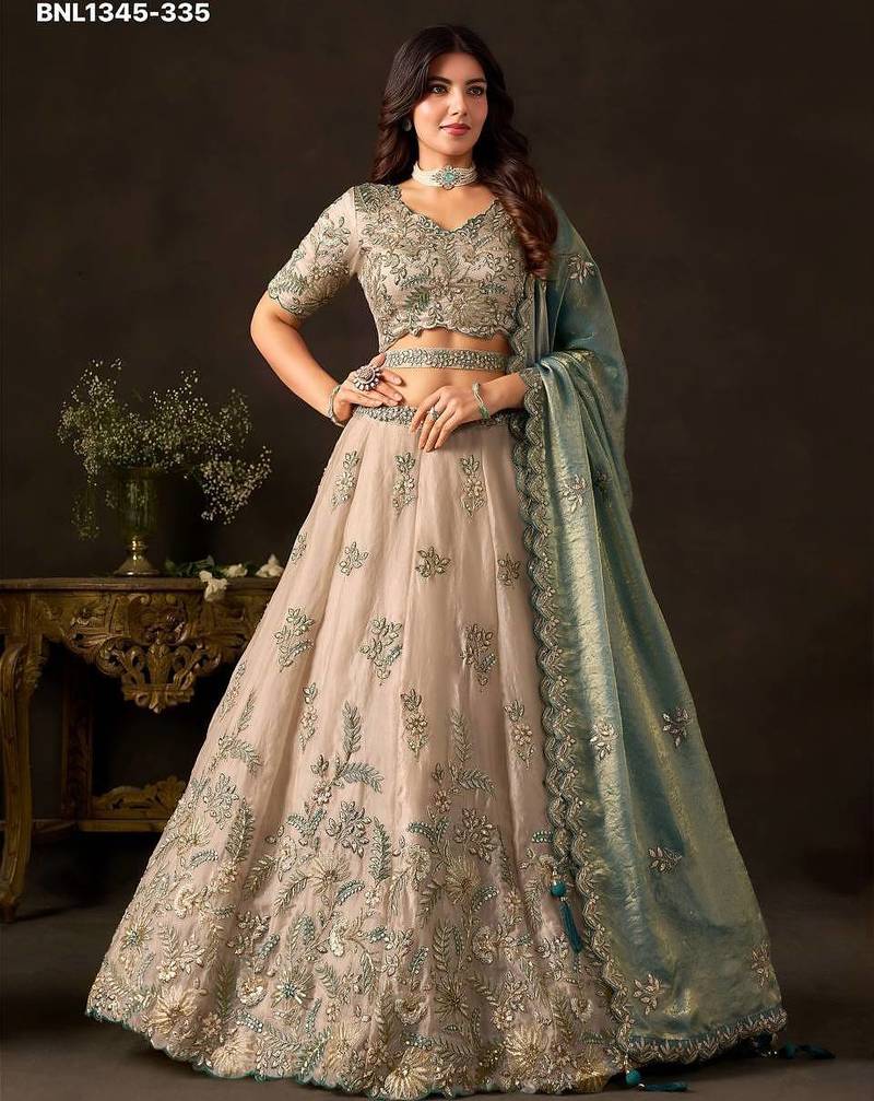 Champagne Teal Zari Embroidered Silk Blend Wedding Lehenga Choli