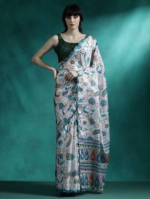 White ethnic motifs printed & mirror work saree with blouse 1