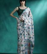 White ethnic motifs printed & mirror work saree with blouse