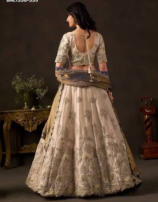 Champagne Zari Embroidered Silk Blend Wedding Lehenga Choli 3