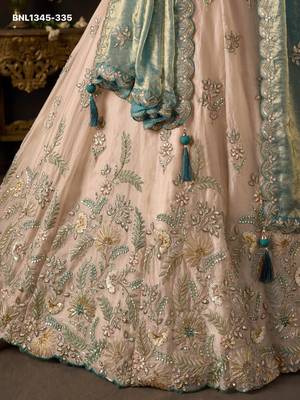 Champagne Teal Zari Embroidered Silk Blend Wedding Lehenga Choli 2