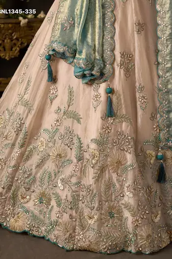 Champagne Teal Zari Embroidered Silk Blend Wedding Lehenga Choli