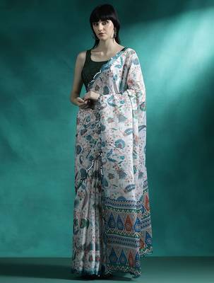 White ethnic motifs printed & mirror work saree with blouse 2