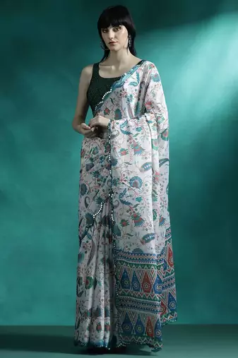 White ethnic motifs printed & mirror work saree with blouse