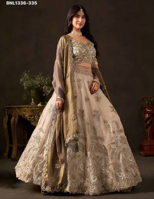 Champagne Zari Embroidered Silk Blend Wedding Lehenga Choli 4