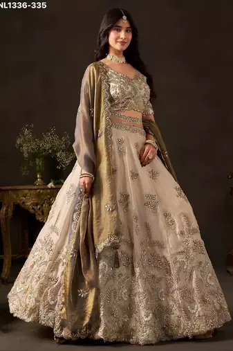 Champagne Zari Embroidered Silk Blend Wedding Lehenga Choli