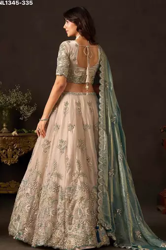 Champagne Teal Zari Embroidered Silk Blend Wedding Lehenga Choli