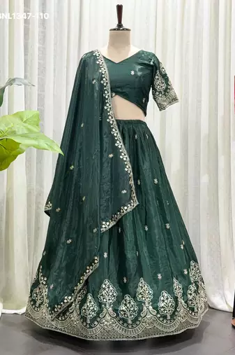 Green Zari Embroidered Silk Blend Festive Lehenga Choli Set