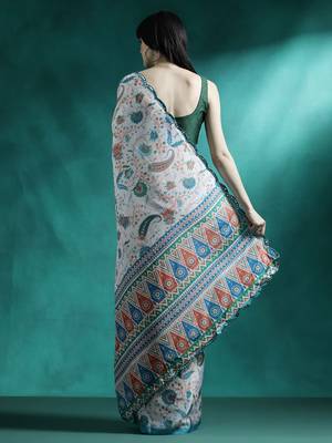 White ethnic motifs printed & mirror work saree with blouse 3
