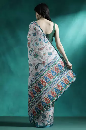 White ethnic motifs printed & mirror work saree with blouse