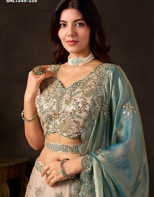Champagne Teal Zari Embroidered Silk Blend Wedding Lehenga Choli 4