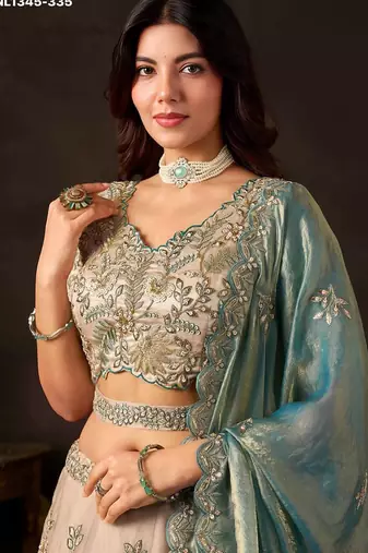 Champagne Teal Zari Embroidered Silk Blend Wedding Lehenga Choli