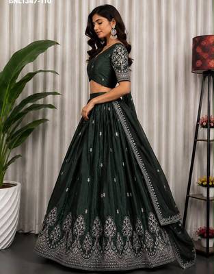 Green Zari Embroidered Silk Blend Festive Lehenga Choli Set 4