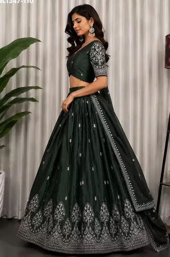 Green Zari Embroidered Silk Blend Festive Lehenga Choli Set