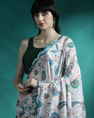 White ethnic motifs printed & mirror work saree with blouse 4