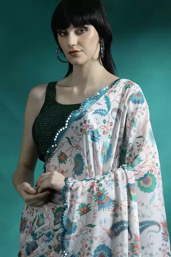 White ethnic motifs printed & mirror work saree with blouse