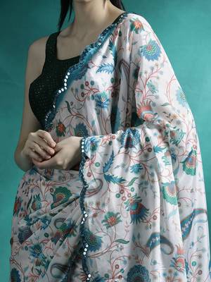 White ethnic motifs printed & mirror work saree with blouse 5