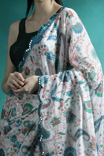 White ethnic motifs printed & mirror work saree with blouse