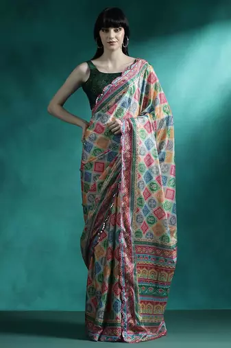 Green geometric printed mirror work saree