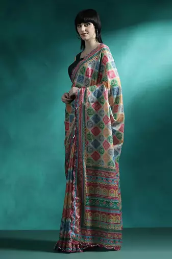 Green geometric printed mirror work saree