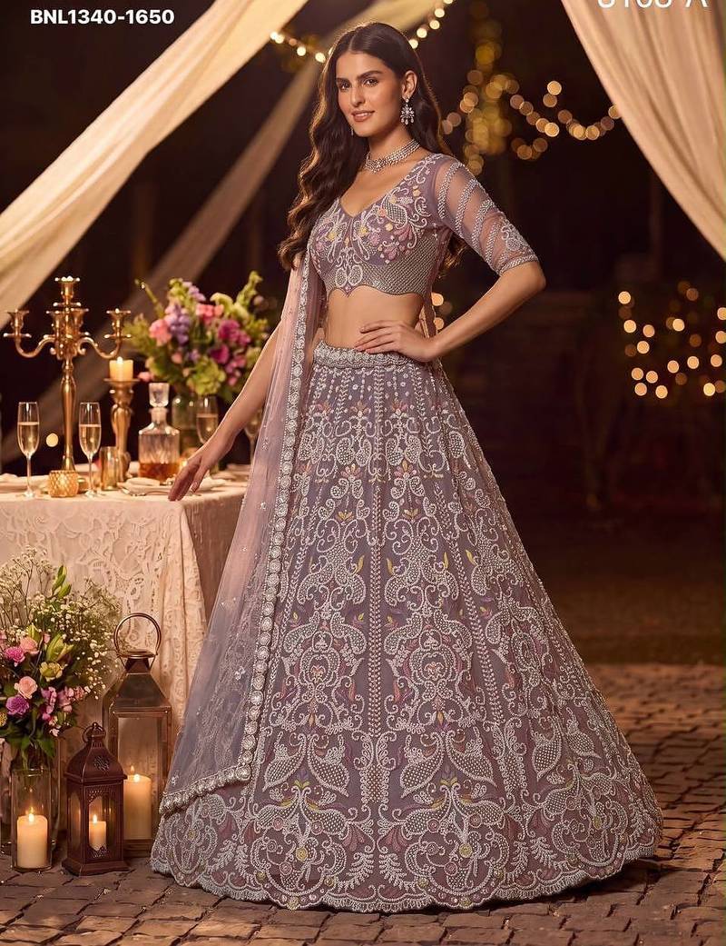 Lilac Zari Embroidered Net Party Wear Lehenga Choli Set