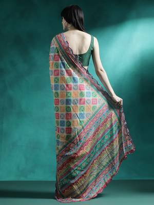 Green geometric printed mirror work saree 3
