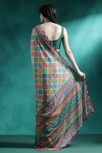 Green geometric printed mirror work saree