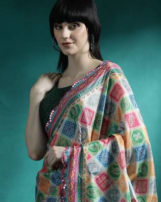 Green geometric printed mirror work saree 4