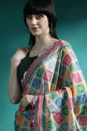 Green geometric printed mirror work saree