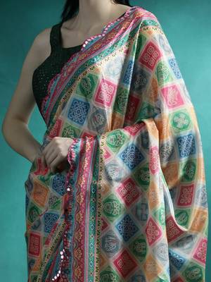 Green geometric printed mirror work saree 5