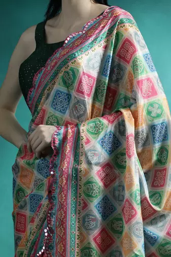 Green geometric printed mirror work saree