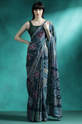 Teal printed & embroidered saree with blouse