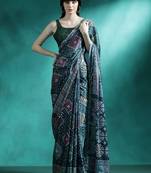 Teal printed & embroidered saree with blouse