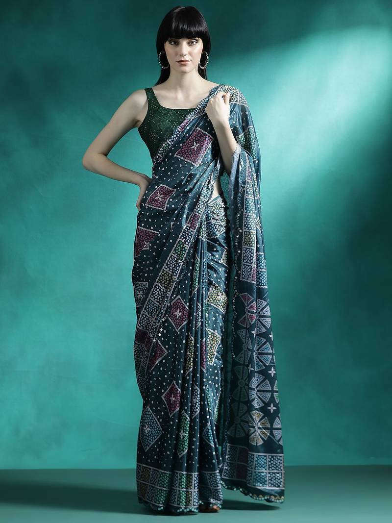 Teal printed & embroidered saree with blouse