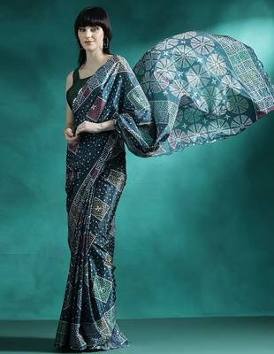 Teal printed & embroidered saree with blouse 2