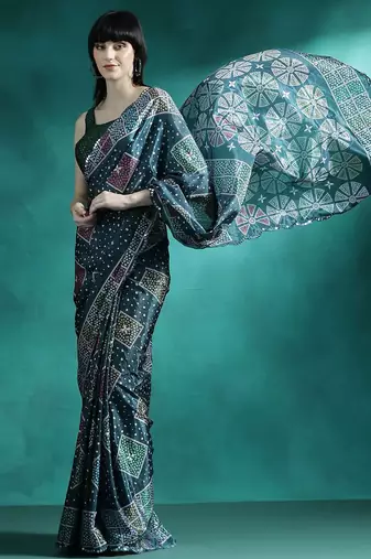 Teal printed & embroidered saree with blouse