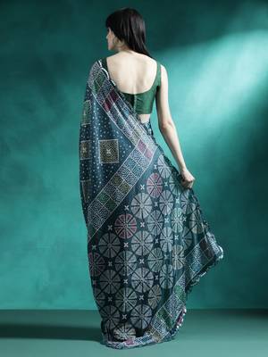 Teal printed & embroidered saree with blouse 3
