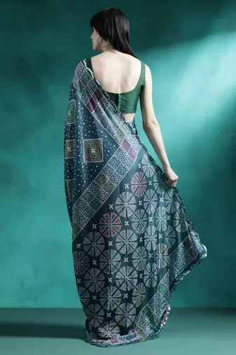 Teal printed & embroidered saree with blouse