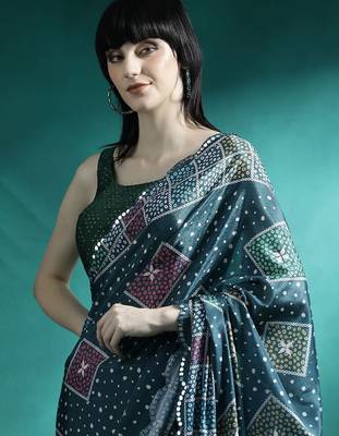 Teal printed & embroidered saree with blouse 4